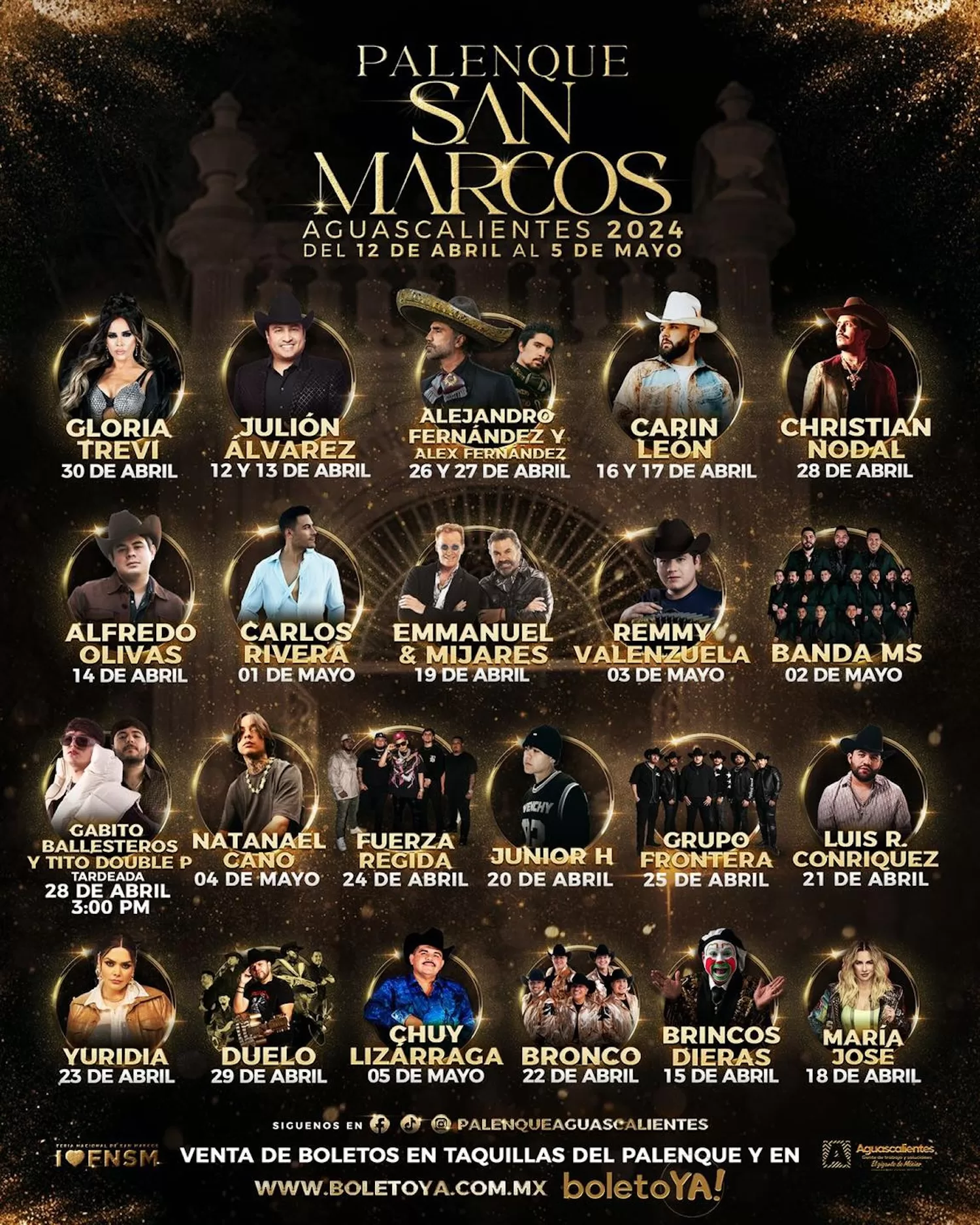 El Palenque San Marcos Aguascalientes se enorgullece en presentar la alineación de artistas que harán vibrar a los asistentes este 2024